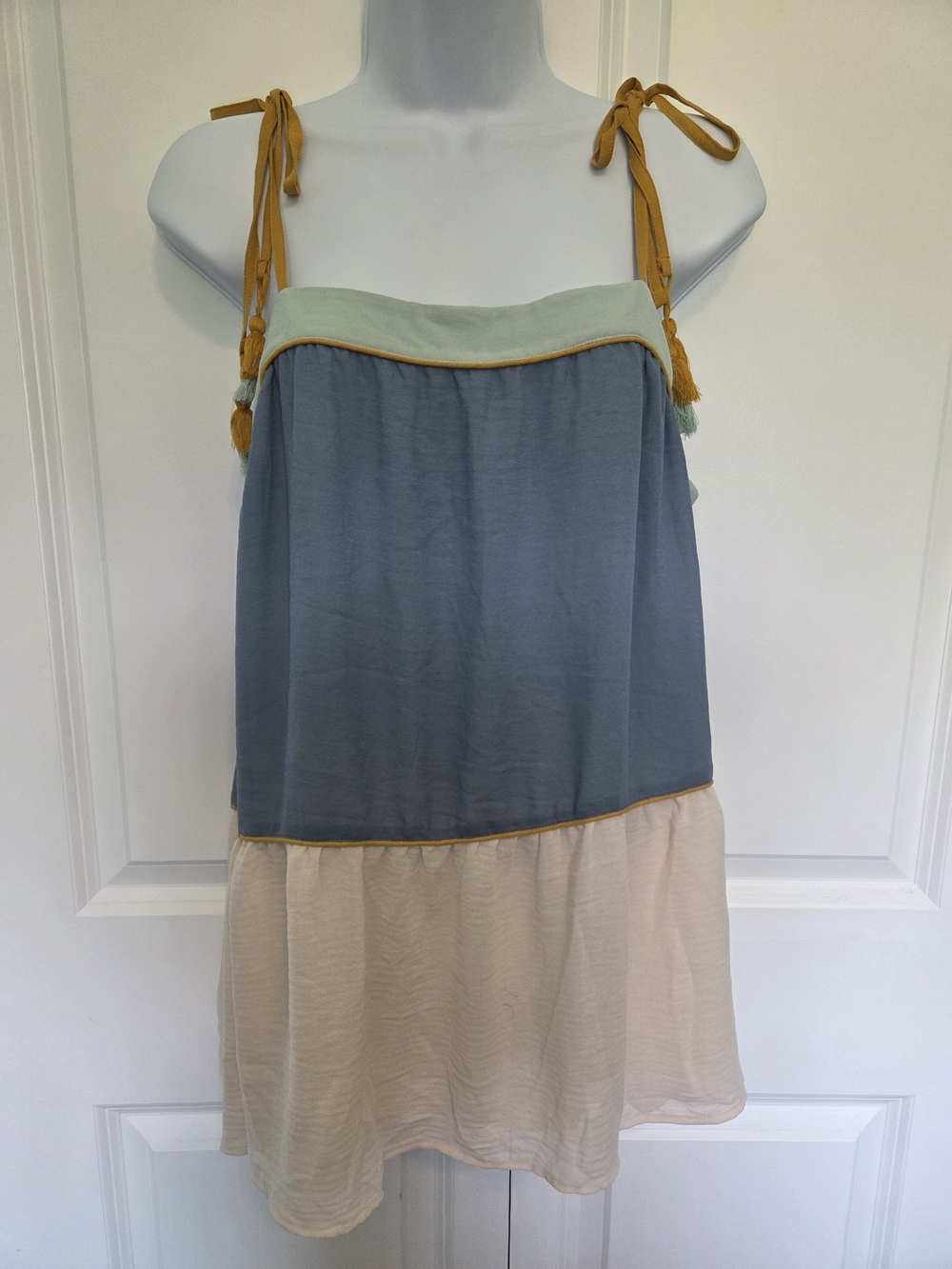 LOFT Colorblock Tie-Shoulder Tank Top in Blue, Cream & Mustard
